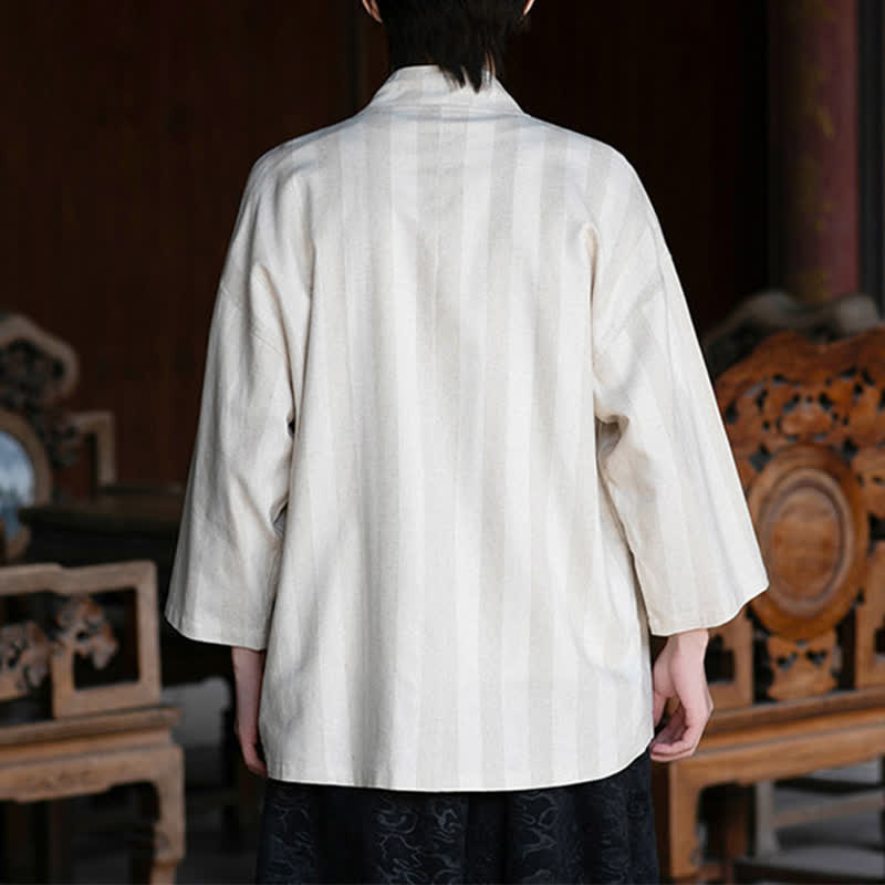 Buddha Stones Kimono da uomo primaverile/estivo, casual, stile Tang, con coulisse, in cotone e lino tinta unita, maniche a tre quarti e tasca. - image 4