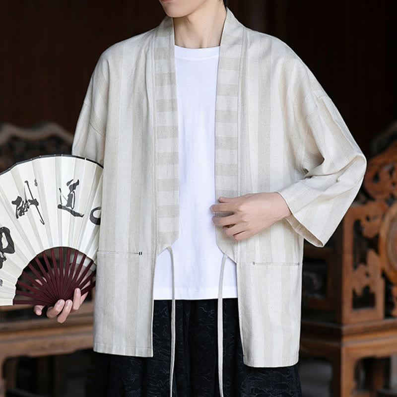 Buddha Stones Kimono da uomo primaverile/estivo, casual, stile Tang, con coulisse, in cotone e lino tinta unita, maniche a tre quarti e tasca. - image 2