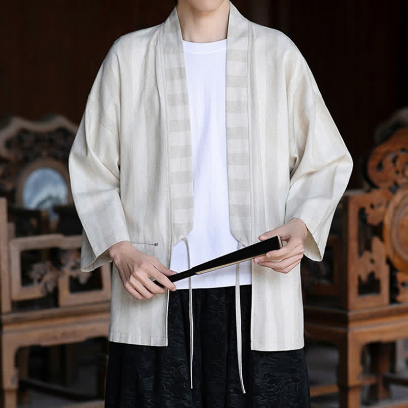 Buddha Stones Kimono da uomo primaverile/estivo, casual, stile Tang, con coulisse, in cotone e lino tinta unita, maniche a tre quarti e tasca. - image 1