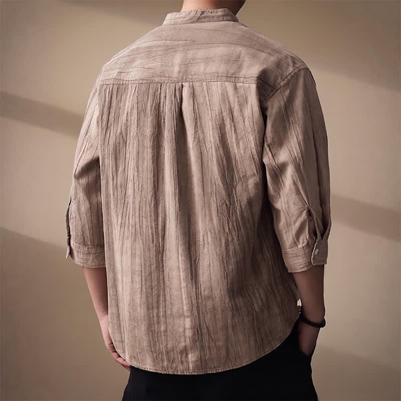 Buddha Stones Camicia da uomo a maniche lunghe in cotone tinta unita, con colletto alla coreana e taschino applicato, ideale per primavera/estate. - image 3