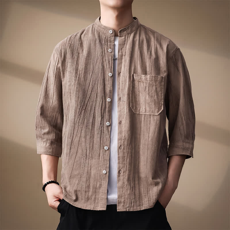 Buddha Stones Camicia da uomo a maniche lunghe in cotone tinta unita, con colletto alla coreana e taschino applicato, ideale per primavera/estate. - Tan - US/UK/AU44, EU54 (4XL) - image 0