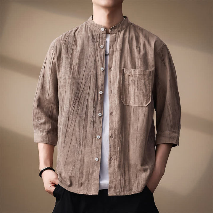 Buddha Stones Camicia da uomo a maniche lunghe in cotone tinta unita, con colletto alla coreana e taschino applicato, ideale per primavera/estate. - Tan - US/UK/AU44, EU54 (4XL) - image 0