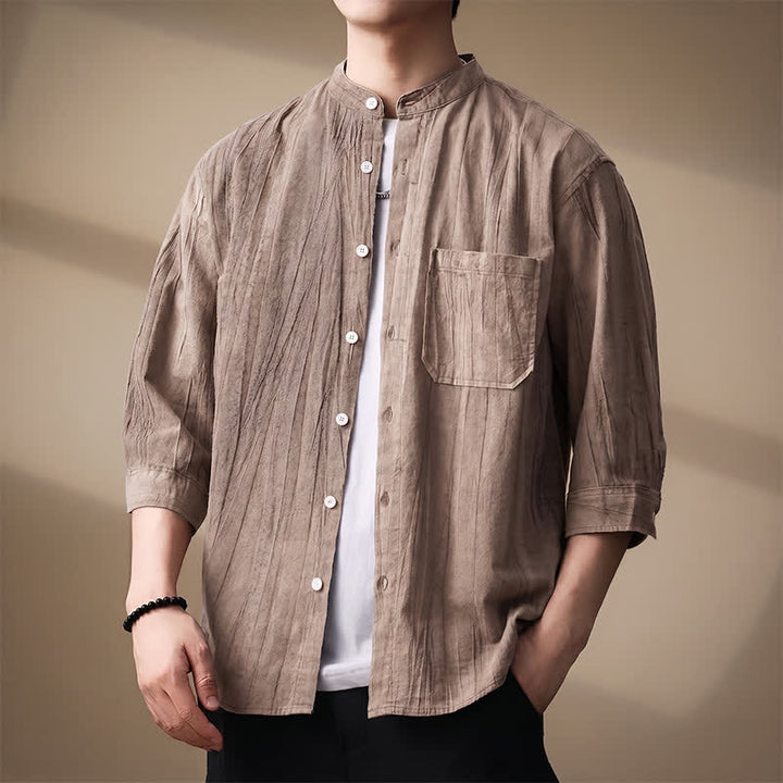 Buddha Stones Camicia da uomo a maniche lunghe in cotone tinta unita, con colletto alla coreana e taschino applicato, ideale per primavera/estate. - image 1