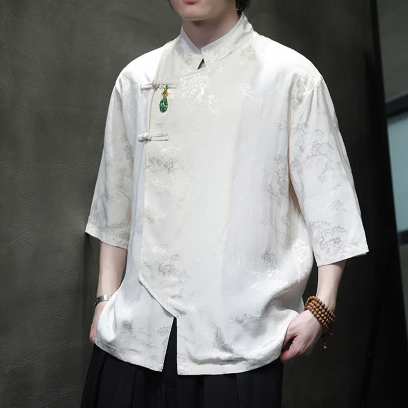 Buddha Stones Camicia da uomo a maniche a tre quarti, elegante, con colletto alla coreana e bottoni a rana, stile Spring Tang. - Bianco - US/UK/AU46, EU56 (5XL) - image 0