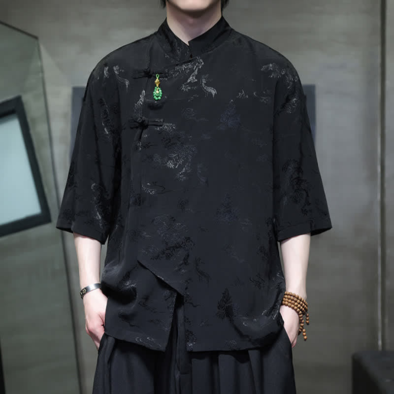 Buddha Stones Camicia da uomo a maniche a tre quarti, elegante, con colletto alla coreana e bottoni a rana, stile Spring Tang. - Nero - US/UK/AU46, EU56 (5XL) - image 9
