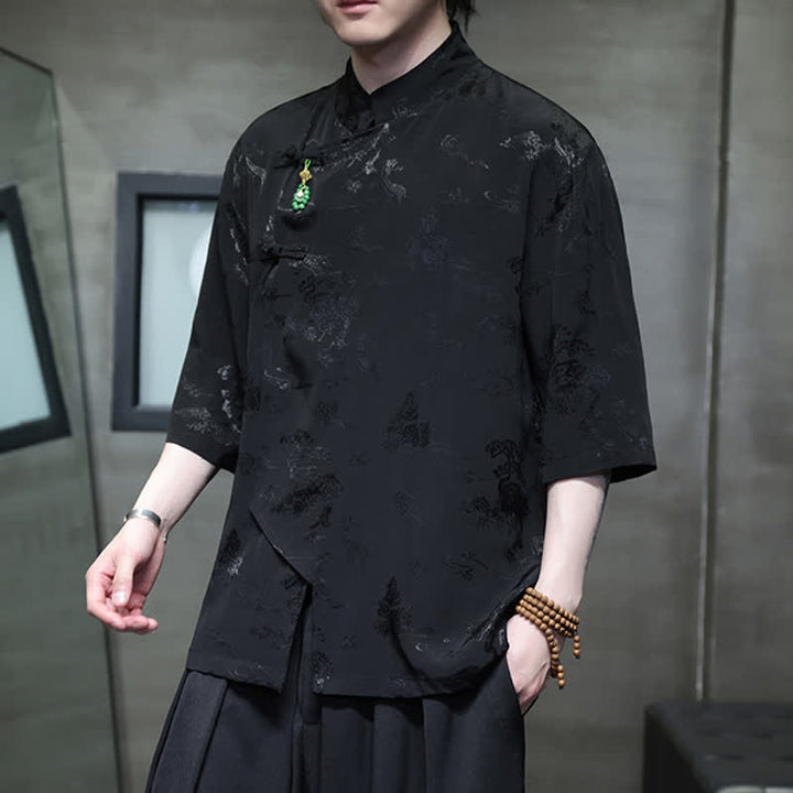 Buddha Stones Camicia da uomo a maniche a tre quarti, elegante, con colletto alla coreana e bottoni a rana, stile Spring Tang. - image 11