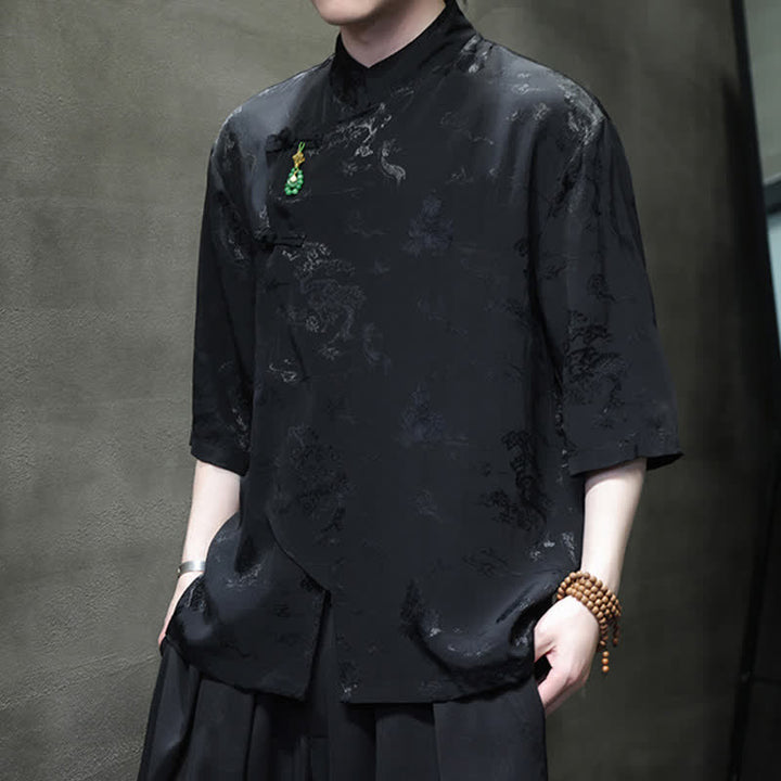 Buddha Stones Camicia da uomo a maniche a tre quarti, elegante, con colletto alla coreana e bottoni a rana, stile Spring Tang. - image 15