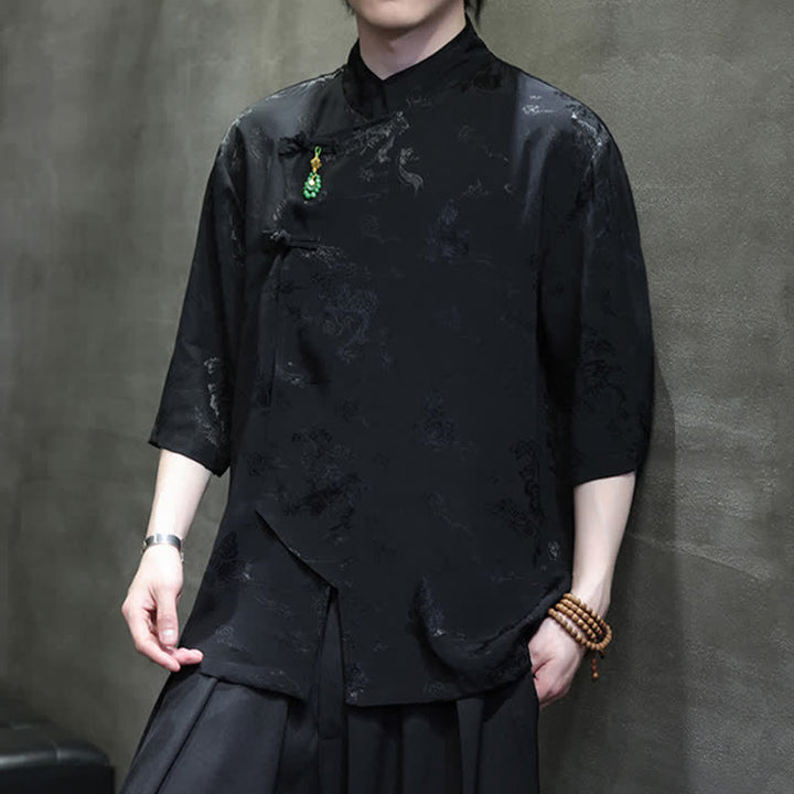 Buddha Stones Camicia da uomo a maniche a tre quarti, elegante, con colletto alla coreana e bottoni a rana, stile Spring Tang. - image 14