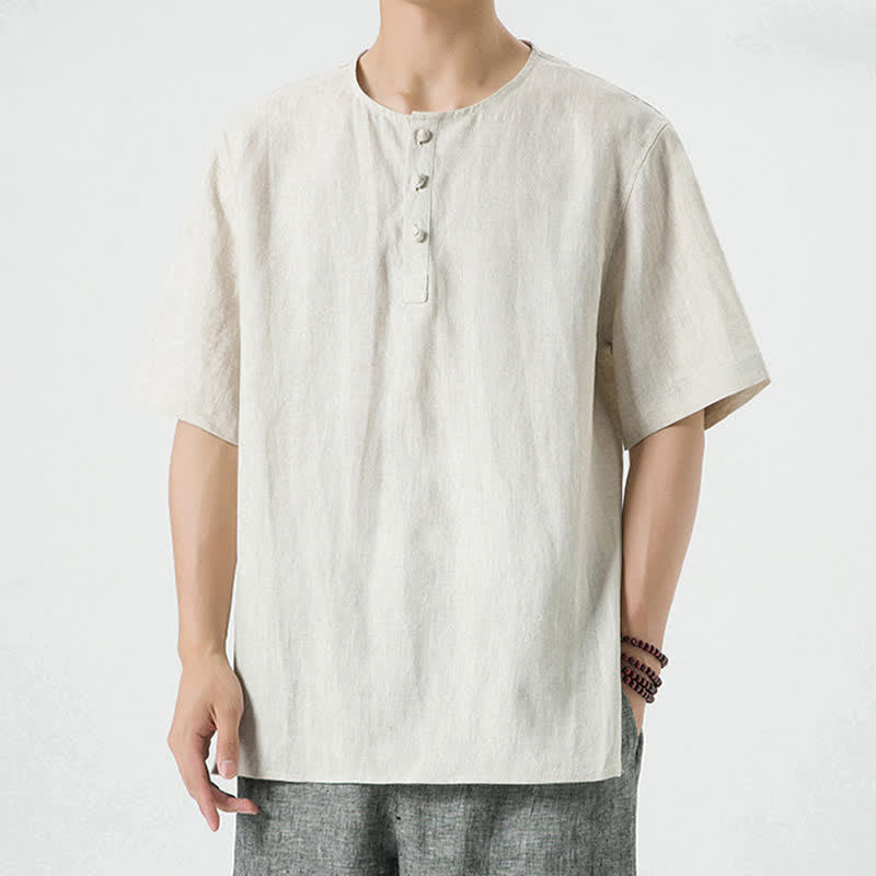 Buddha Stones Camicia da uomo estiva casual minimalista a maniche corte in lino con spacco laterale e scollo rotondo. - image 1