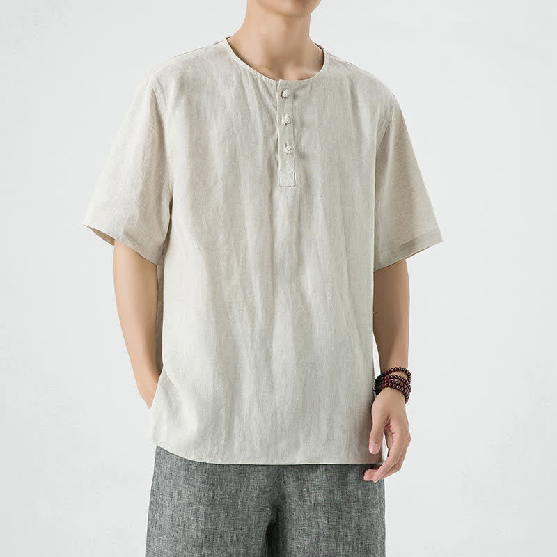 Buddha Stones Camicia da uomo estiva casual minimalista a maniche corte in lino con spacco laterale e scollo rotondo. - Biancheria - US/UK/AU46, EU56 (5XL) - image 0