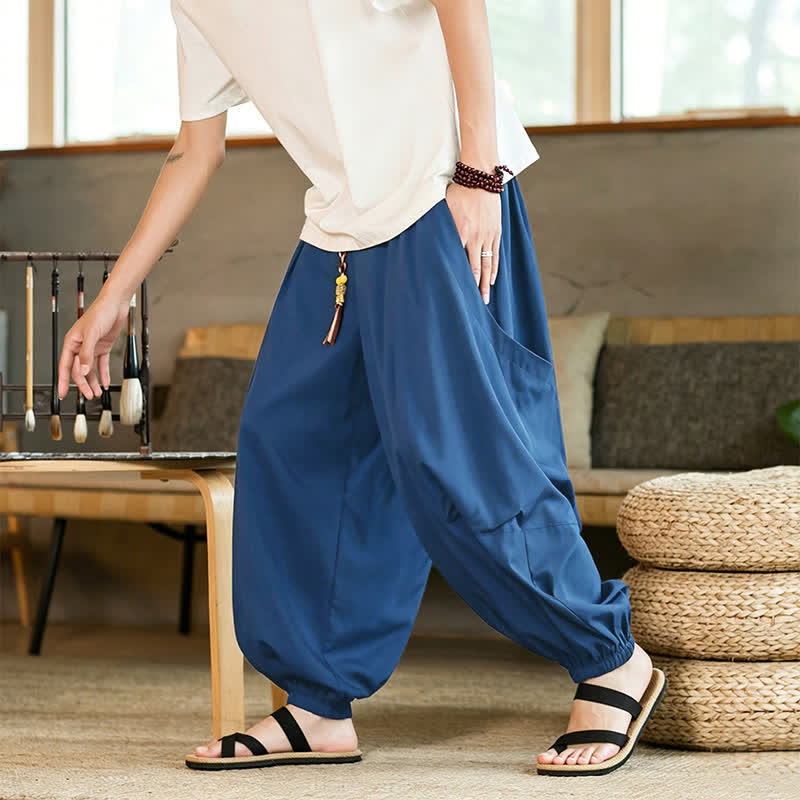 Buddha Stones Pantaloni estivi casual vintage con coulisse, lunghezza alla caviglia, da uomo, modello harem con tasche. - SteelBlue - US/UK/AU46, EU56 (5XL) - image 13