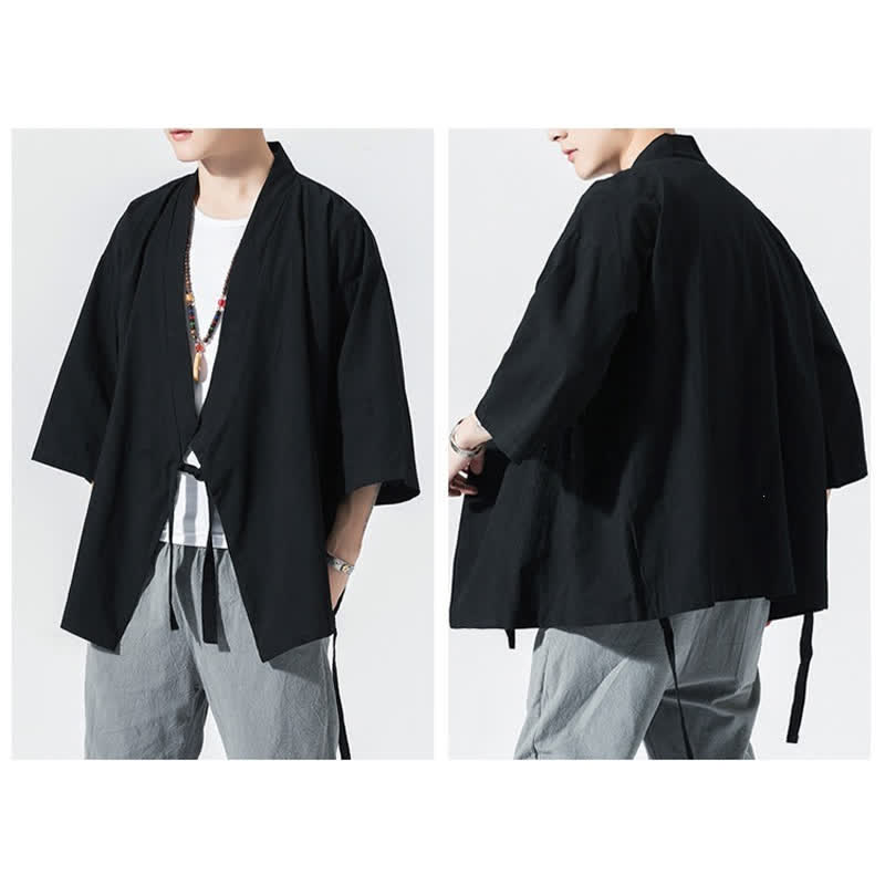 Buddha Stones Kimono da uomo estivo, casual, minimalista, con coulisse, maniche a tre quarti, tinta unita. - image 13