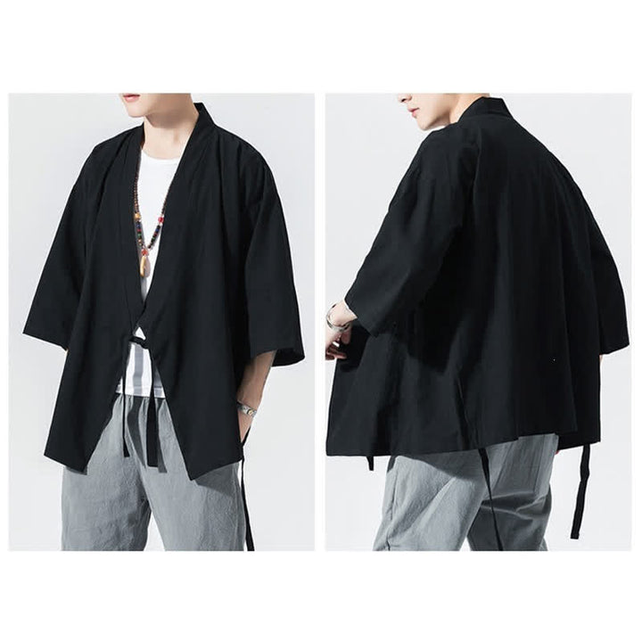 Buddha Stones Kimono da uomo estivo, casual, minimalista, con coulisse, maniche a tre quarti, tinta unita. - image 13