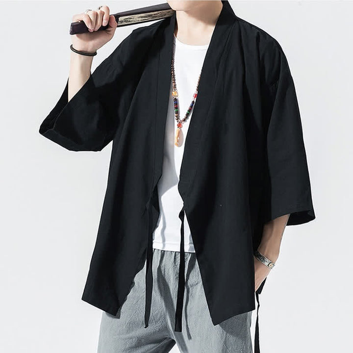 Buddha Stones Kimono da uomo estivo, casual, minimalista, con coulisse, maniche a tre quarti, tinta unita. - image 8