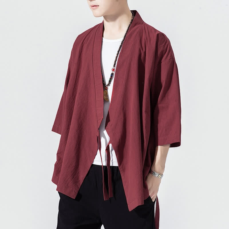 Buddha Stones Kimono da uomo estivo, casual, minimalista, con coulisse, maniche a tre quarti, tinta unita. - FireBrick - US/UK/AU46, EU56 (5XL) - image 19