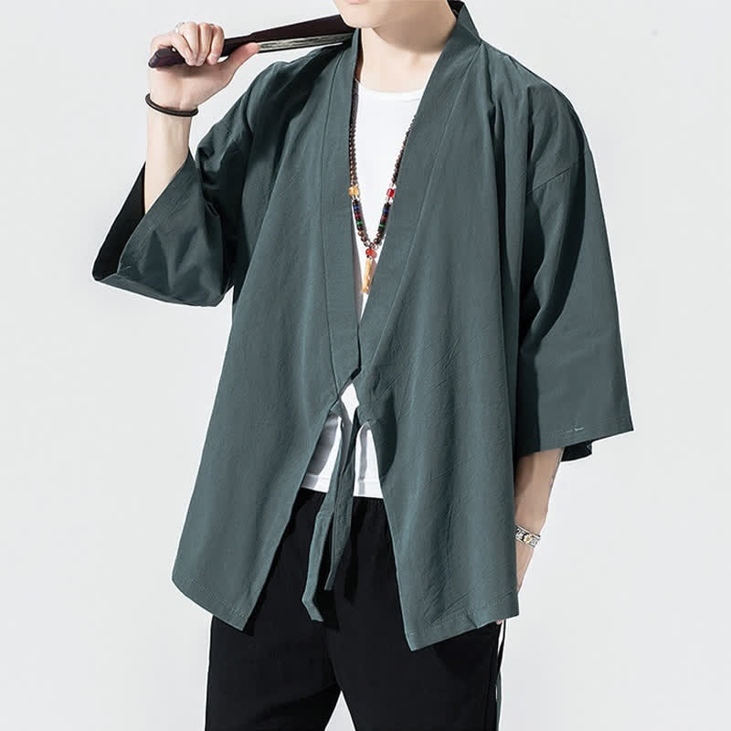 Buddha Stones Kimono da uomo estivo, casual, minimalista, con coulisse, maniche a tre quarti, tinta unita. - image 3