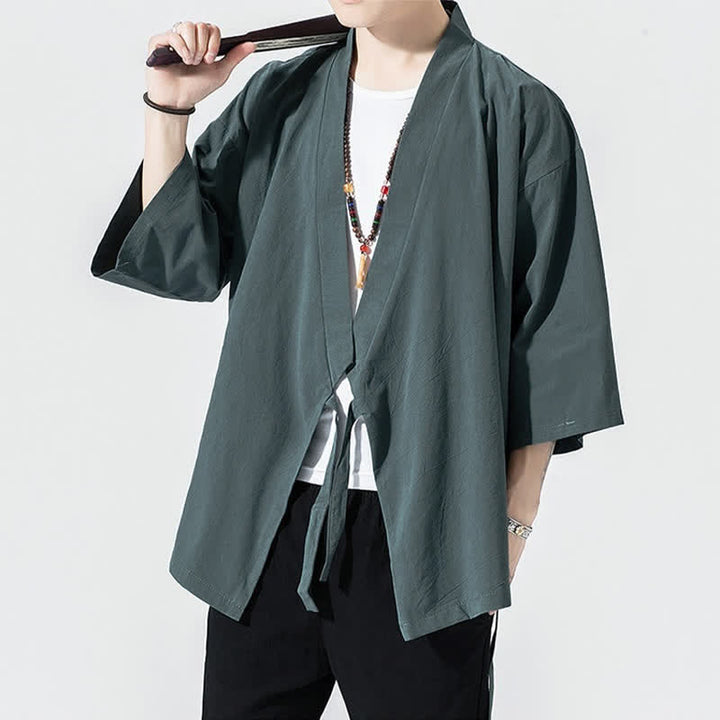 Buddha Stones Kimono da uomo estivo, casual, minimalista, con coulisse, maniche a tre quarti, tinta unita. - image 3