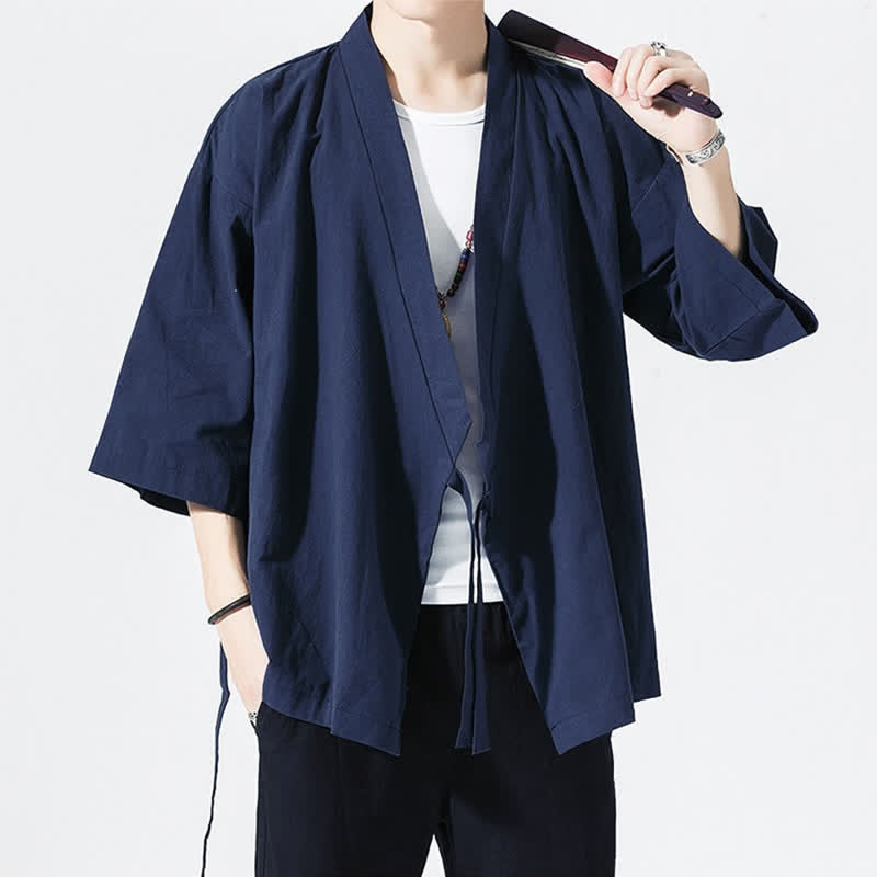 Buddha Stones Kimono da uomo estivo, casual, minimalista, con coulisse, maniche a tre quarti, tinta unita. - image 15
