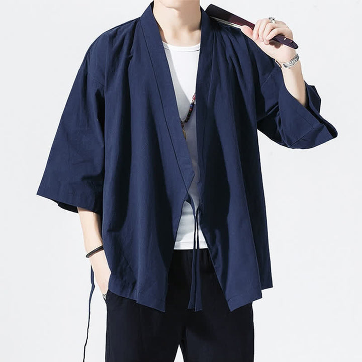 Buddha Stones Kimono da uomo estivo, casual, minimalista, con coulisse, maniche a tre quarti, tinta unita. - image 15