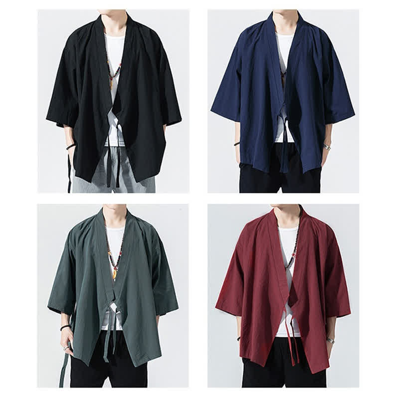 Buddha Stones Kimono da uomo estivo, casual, minimalista, con coulisse, maniche a tre quarti, tinta unita. - image 26