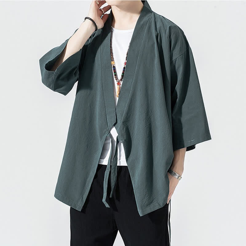 Buddha Stones Kimono da uomo estivo, casual, minimalista, con coulisse, maniche a tre quarti, tinta unita. - image 2