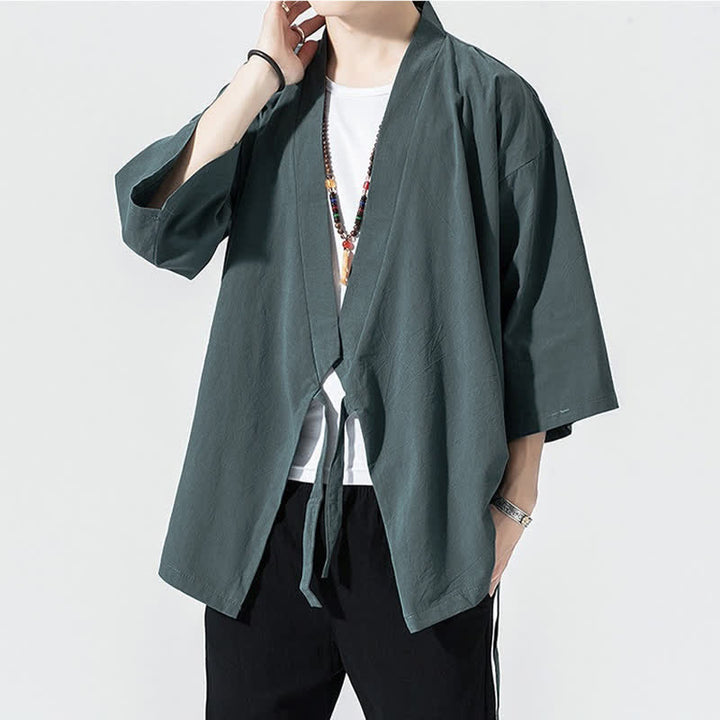 Buddha Stones Kimono da uomo estivo, casual, minimalista, con coulisse, maniche a tre quarti, tinta unita. - image 2