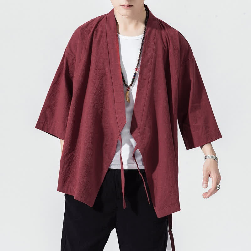 Buddha Stones Kimono da uomo estivo, casual, minimalista, con coulisse, maniche a tre quarti, tinta unita. - image 20