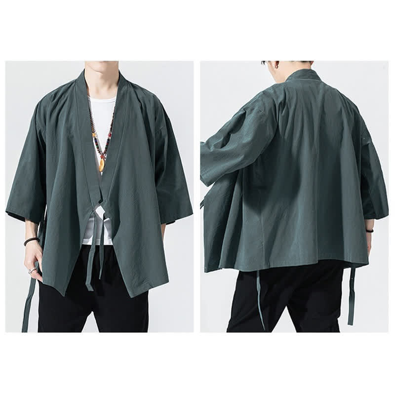 Buddha Stones Kimono da uomo estivo, casual, minimalista, con coulisse, maniche a tre quarti, tinta unita. - image 4
