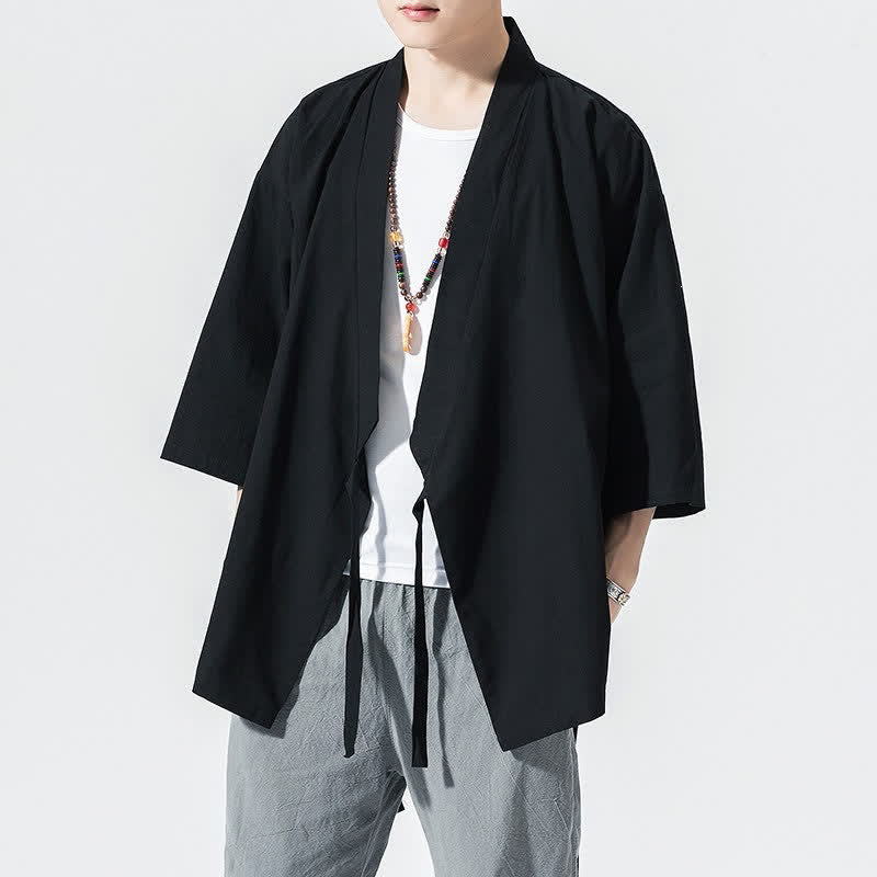Buddha Stones Kimono da uomo estivo, casual, minimalista, con coulisse, maniche a tre quarti, tinta unita. - Nero - US/UK/AU46, EU56 (5XL) - image 5
