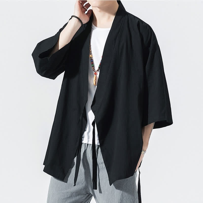 Buddha Stones Kimono da uomo estivo, casual, minimalista, con coulisse, maniche a tre quarti, tinta unita. - image 7