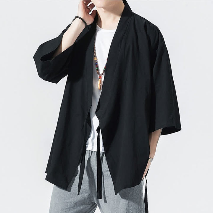 Buddha Stones Kimono da uomo estivo, casual, minimalista, con coulisse, maniche a tre quarti, tinta unita. - image 7