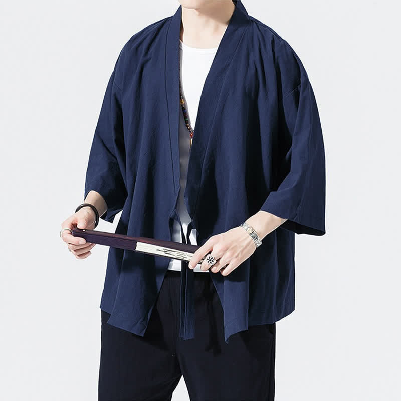Buddha Stones Kimono da uomo estivo, casual, minimalista, con coulisse, maniche a tre quarti, tinta unita. - image 16