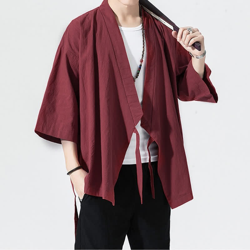 Buddha Stones Kimono da uomo estivo, casual, minimalista, con coulisse, maniche a tre quarti, tinta unita. - image 22