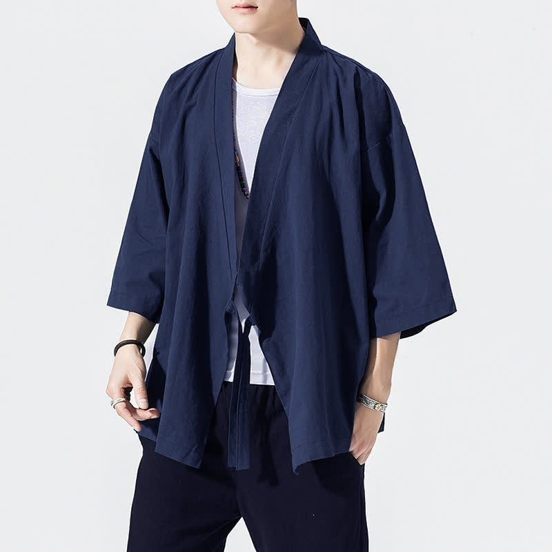 Buddha Stones Kimono da uomo estivo, casual, minimalista, con coulisse, maniche a tre quarti, tinta unita. - Blu notte - US/UK/AU46, EU56 (5XL) - image 14