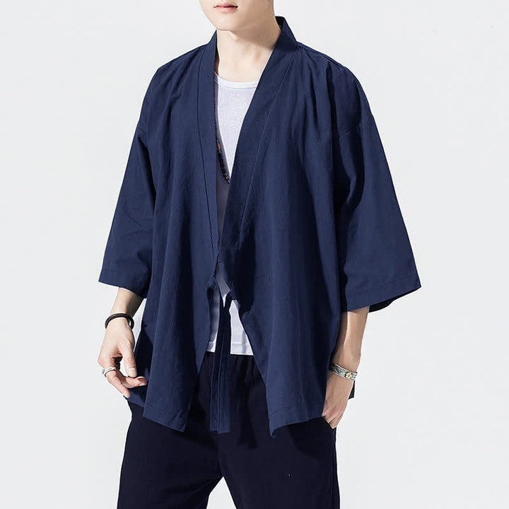 Buddha Stones Kimono da uomo estivo, casual, minimalista, con coulisse, maniche a tre quarti, tinta unita. - Blu notte - US/UK/AU46, EU56 (5XL) - image 14