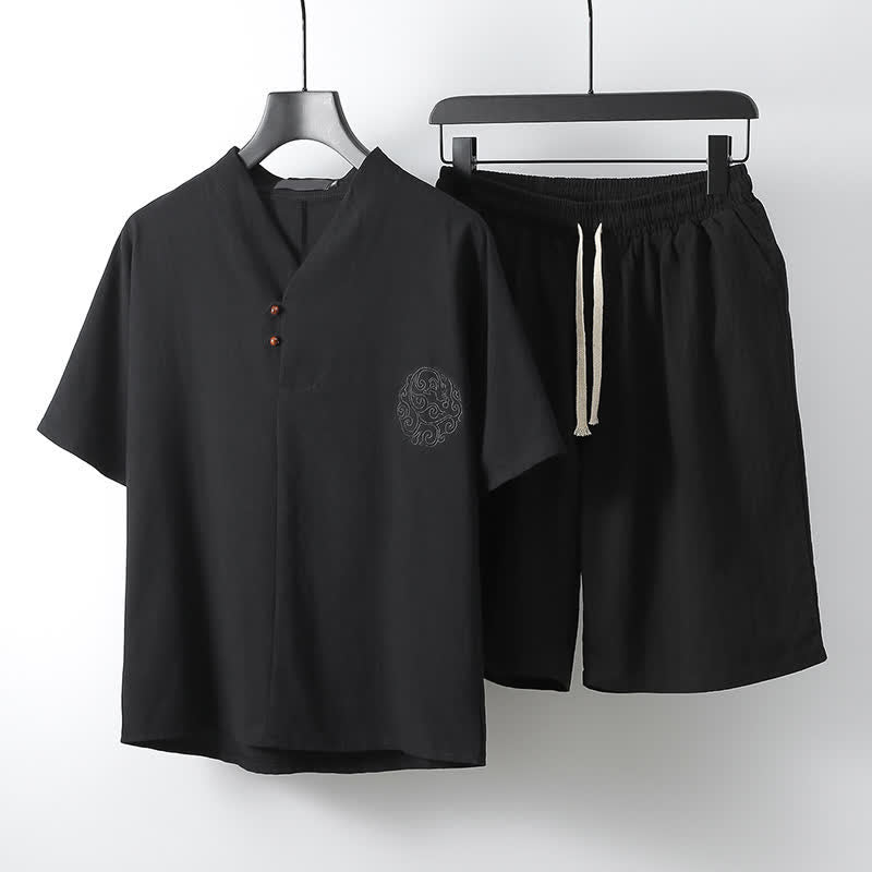 Buddha Stones Completo estivo da uomo in stile Tang, casual, con ricami, maniche corte, pantaloncini e tasca, ideale per la meditazione. - Nero - US/UK/AU54, EU64 (9XL) - image 3