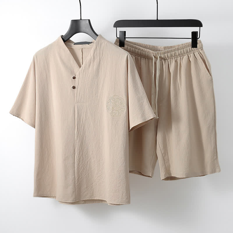 Buddha Stones Completo estivo da uomo in stile Tang, casual, con ricami, maniche corte, pantaloncini e tasca, ideale per la meditazione. - Beige - US/UK/AU54, EU64 (9XL) - image 9