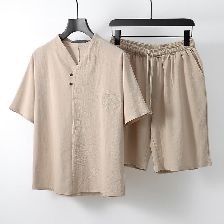 Buddha Stones Completo estivo da uomo in stile Tang, casual, con ricami, maniche corte, pantaloncini e tasca, ideale per la meditazione. - Beige - US/UK/AU54, EU64 (9XL) - image 9