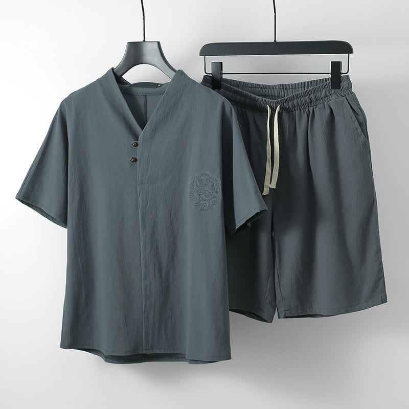 Buddha Stones Completo estivo da uomo in stile Tang, casual, con ricami, maniche corte, pantaloncini e tasca, ideale per la meditazione. - Grigio tenue - US/UK/AU54, EU64 (9XL) - image 0