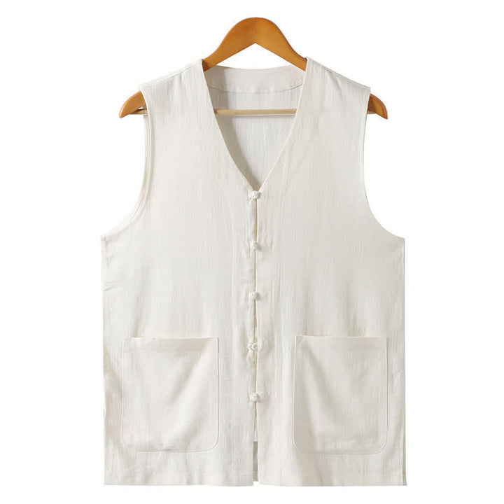 Buddha Stones Canotta da uomo estiva stile Tang, casual, con bottoni a rana, scollo a V, senza maniche e tasche. - Bianco - US/UK/AU46, EU56 (5XL) - image 11