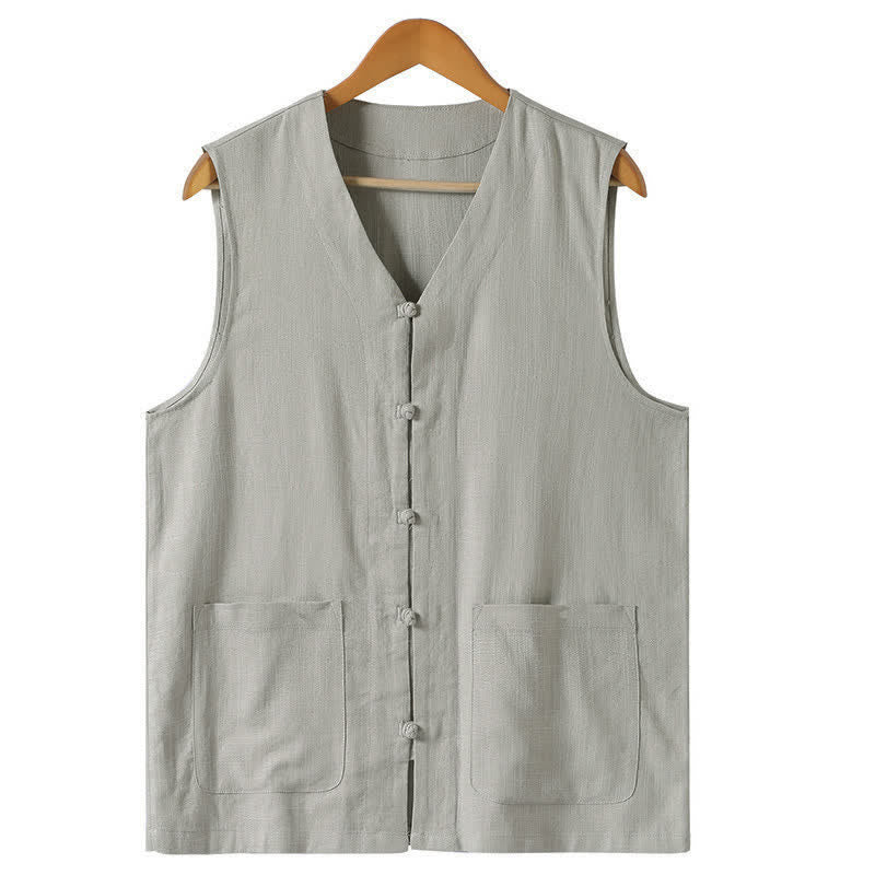 Buddha Stones Canotta da uomo estiva stile Tang, casual, con bottoni a rana, scollo a V, senza maniche e tasche. - Grigio chiaro - US/UK/AU46, EU56 (5XL) - image 2