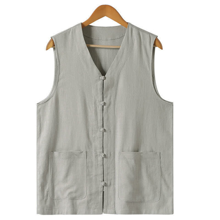 Buddha Stones Canotta da uomo estiva stile Tang, casual, con bottoni a rana, scollo a V, senza maniche e tasche. - Grigio chiaro - US/UK/AU46, EU56 (5XL) - image 2