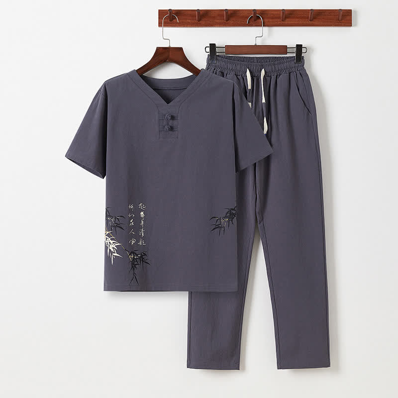 Buddha Stones Completo estivo da uomo in stile Tang, casual, con bottoni a forma di rana, stampa bambù, maniche corte, camicia e pantaloni, ideale per la meditazione, con tasche. - Grigio tenue - US/UK/AU46, EU56 (5XL) - image 17