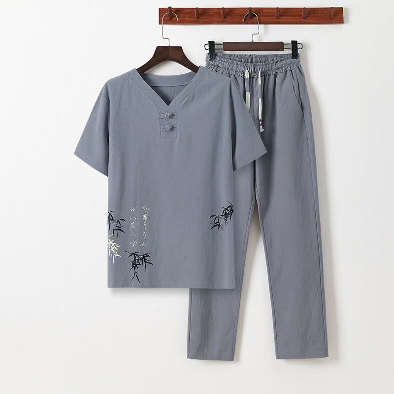 Buddha Stones Completo estivo da uomo in stile Tang, casual, con bottoni a forma di rana, stampa bambù, maniche corte, camicia e pantaloni, ideale per la meditazione, con tasche. - Gainsboro - US/UK/AU46, EU56 (5XL) - image 0