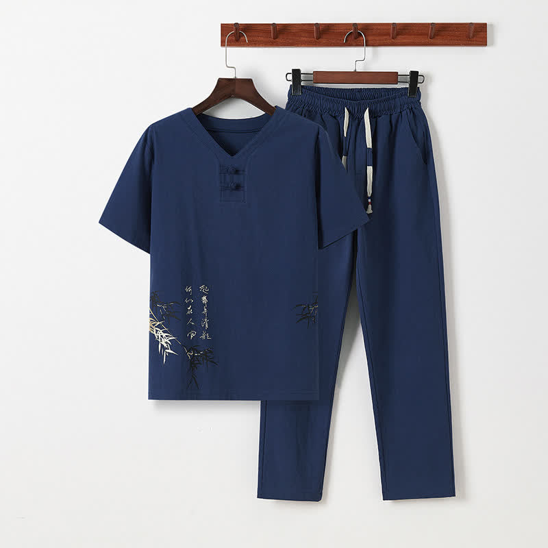 Buddha Stones Completo estivo da uomo in stile Tang, casual, con bottoni a forma di rana, stampa bambù, maniche corte, camicia e pantaloni, ideale per la meditazione, con tasche. - Marina - US/UK/AU46, EU56 (5XL) - image 1