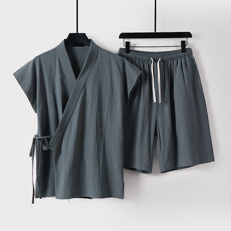 Buddha Stones Completo estivo da uomo in cotone e lino con maniche corte e coulisse, stile Tang, con tasche, composto da camicia e pantaloncini. - Grigio tenue - US/UK/AU54, EU64 (9XL) - image 6