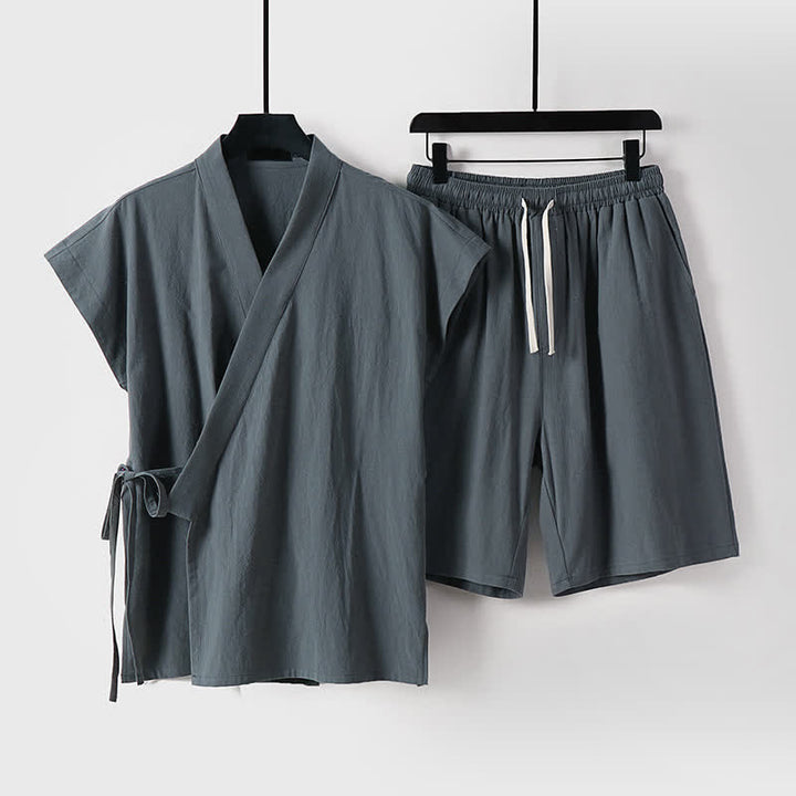Buddha Stones Completo estivo da uomo in cotone e lino con maniche corte e coulisse, stile Tang, con tasche, composto da camicia e pantaloncini. - Grigio tenue - US/UK/AU54, EU64 (9XL) - image 6