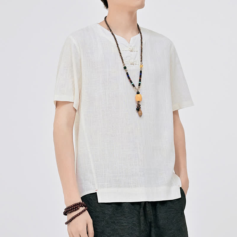 Buddha Stones Camicia da uomo a maniche corte, stile Summer Tang, minimalista, con scollo rotondo e due bottoni a rana, tinta unita. - image 1