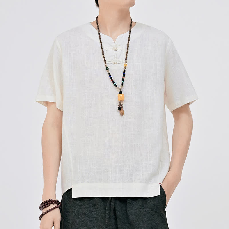 Buddha Stones Camicia da uomo a maniche corte, stile Summer Tang, minimalista, con scollo rotondo e due bottoni a rana, tinta unita. - Bianco - US/UK/AU46, EU56 (5XL) - image 0