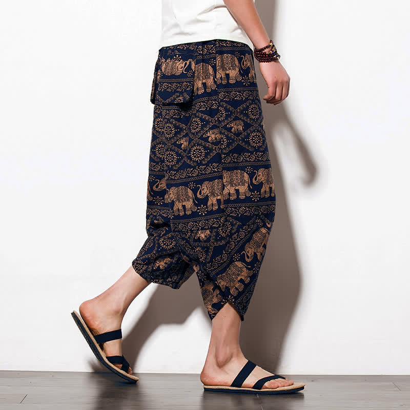 Pantaloni harem lunghi da uomo con tasche, con stampa Buddha Stones elefanti, colore marrone e nero. - Elefante in stile corto - US/UK/AU46, EU56 (5XL) - image 9